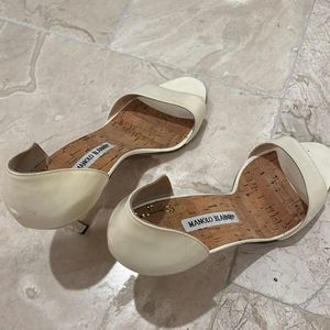 Manolo Blahnik Cream Open-Toe Heels